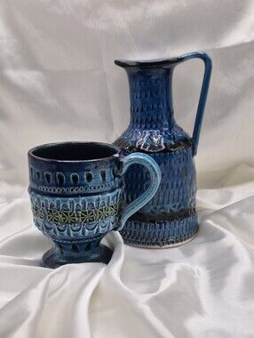 "Made in ITALY" & Bitossi Blue Ceramic Pitcher and Footed Mug Set - Brand